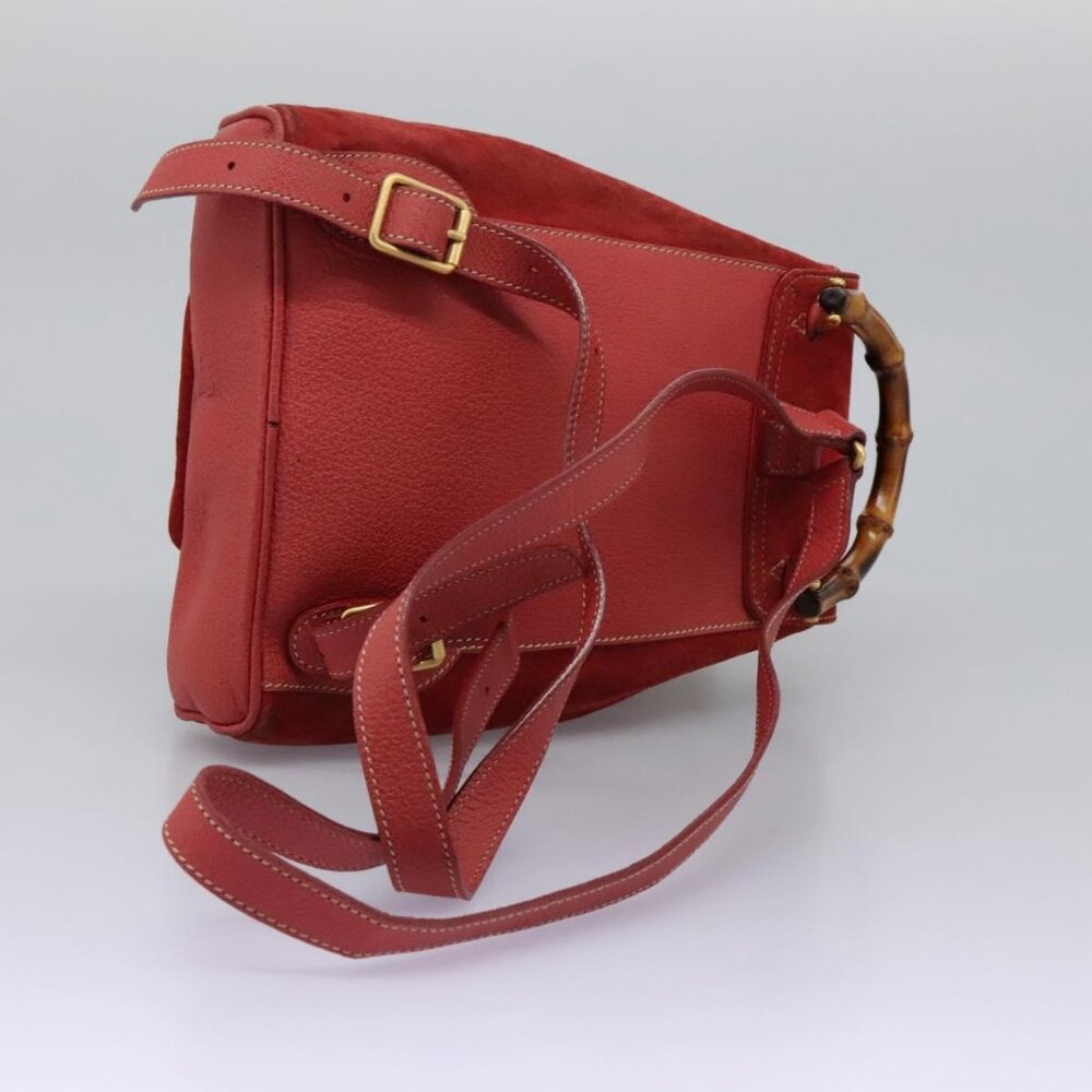 GUCCI Bamboo Backpack Suede Leather Red Gold - Picture 8 of 16